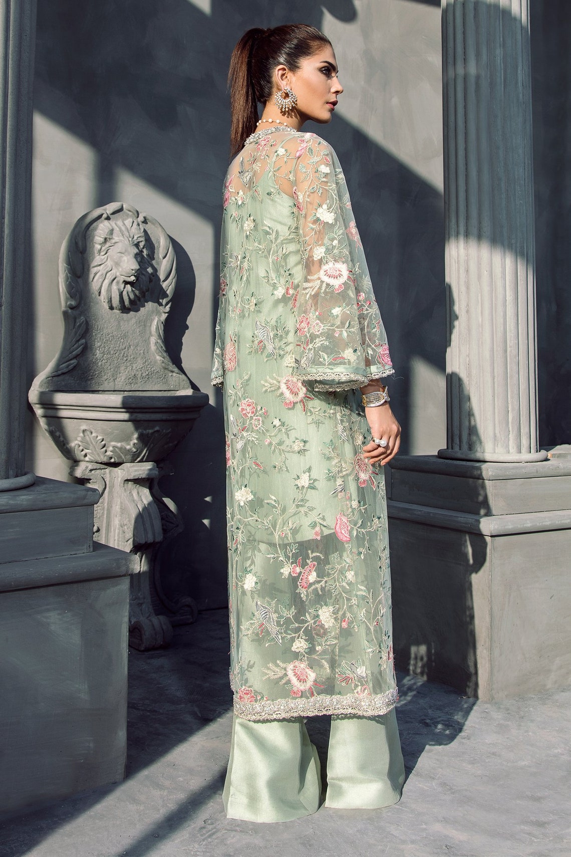 Mint Green Floral Beaded Long Jacket With Silk Inner & Boot Cut Pants