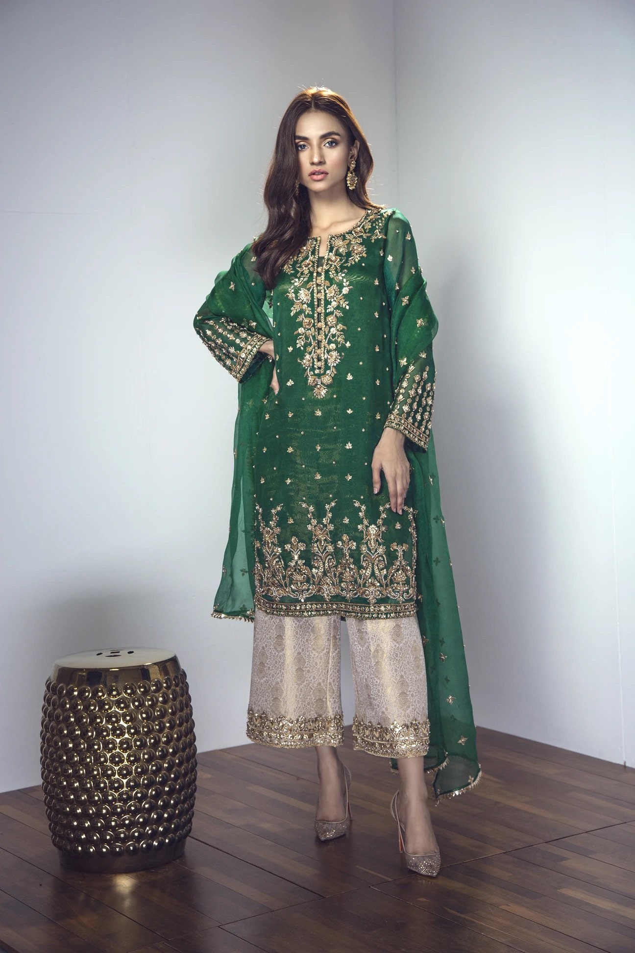 Formal Chiffon Green Mehndi Dress With ...