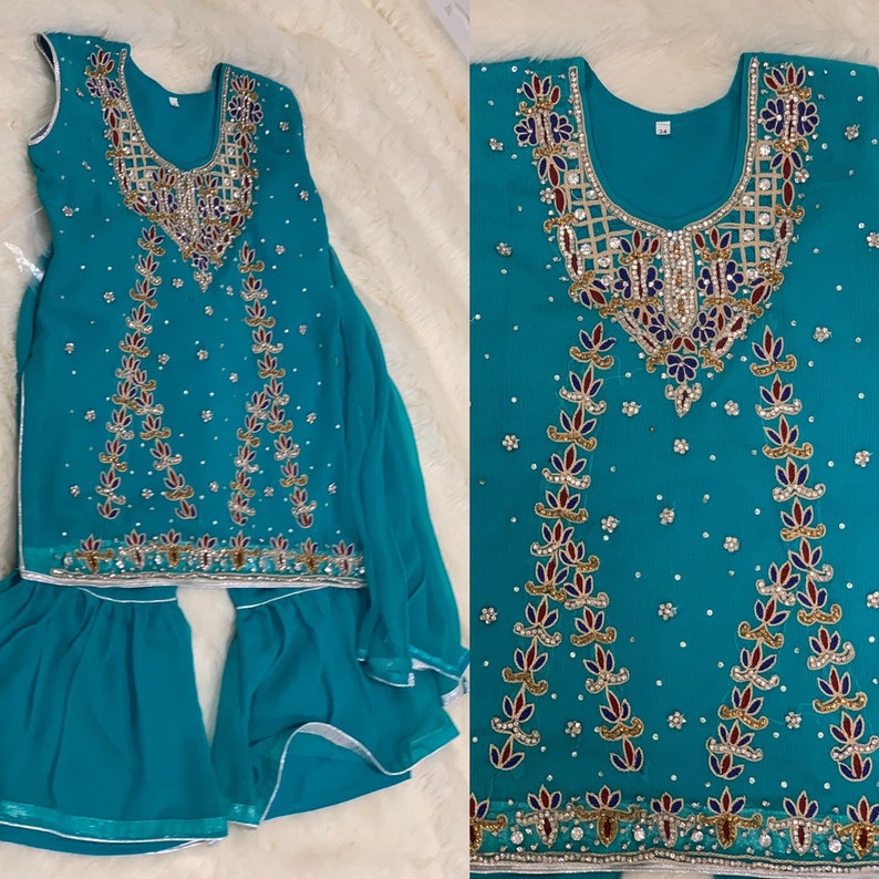 Girls 3-pc Size 4 Seagreen Chiffon Embroidery Shirt and Gharara Set