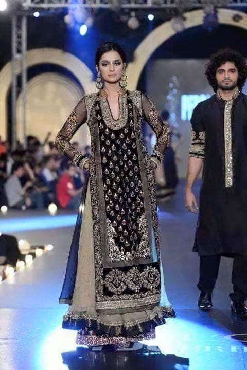 Pakistani Engagement/Wedding Formal Dress Black&Gold Long Shirt with