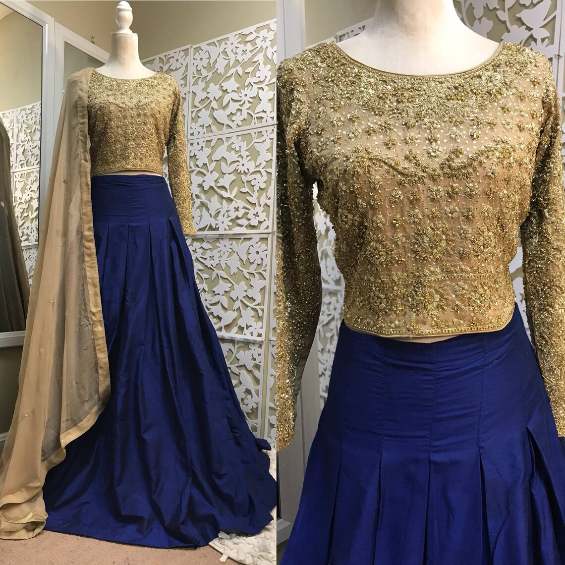 Royal Blue Pleated Skirt Full Length With Embriodered Peach Choli and ...