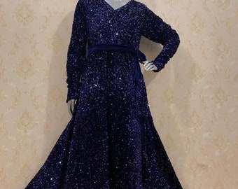 Sequin Velvet Maxi Dress, Full Sleeves Velvet Gown, Modest Formal Long Dress, Pakistani Velvet Dress