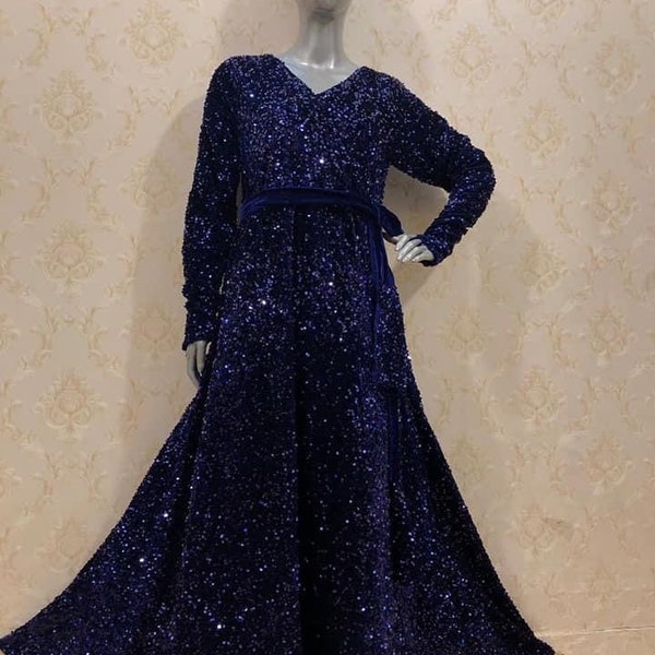 Sequin Velvet Maxi Dress, Full Sleeves Velvet Gown, Modest Formal Long Dress, Pakistani Velvet Dress