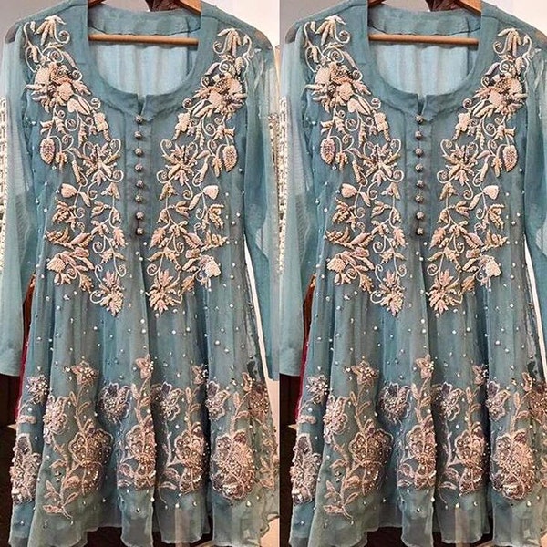 Pakistani Dress, Teal Short Frock with Cigarette Pants, Pakistani, Indian, Bengali, Bollywood Wedding Formal Dress