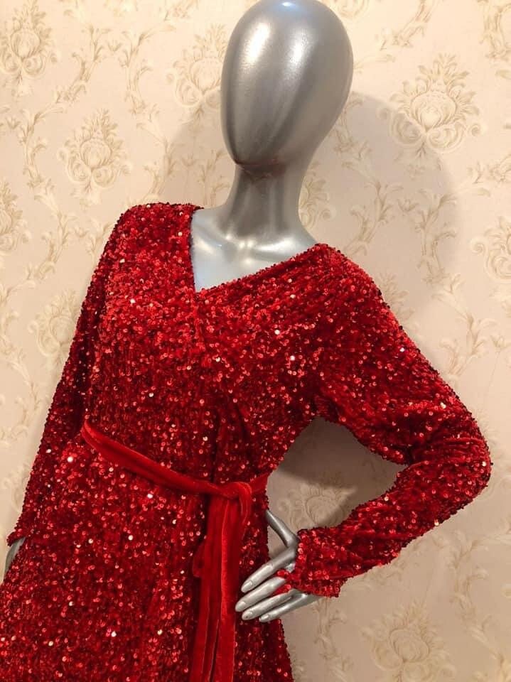 knee length dresses for ladies Sydney's Closet JK2421 - Long Sleeve Velvet Sequin Evening Dress 18 / Unicorn main image 1