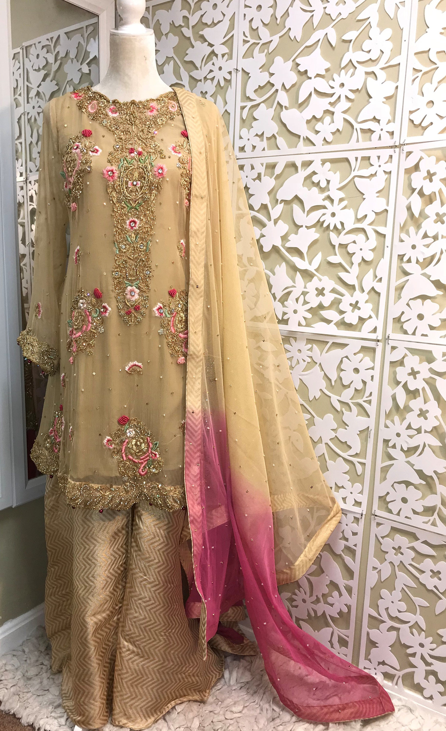 Mina Hasan Inspired Chiffon Dress Floral Beaded Embroidery - Etsy