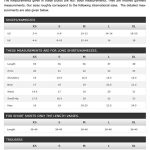 May include: Size chart for shirts and trousers in XS, S, M, L, and XL sizes. Measurements are given in inches for length, arms, shoulders, bust, waist, small hip, hips, and cuffs.  The chart also includes US and UK sizes.