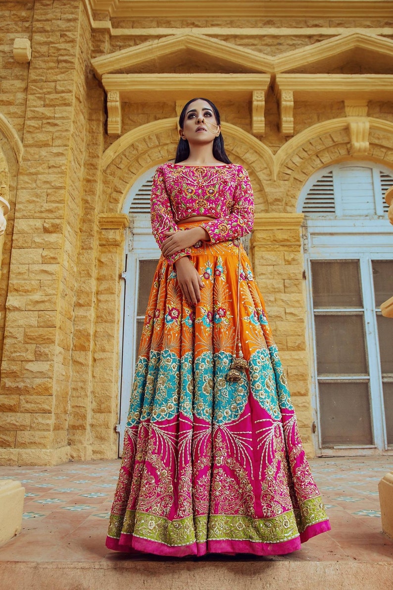 Pakistani Bridal Mehndi Lehnga Choli Multi Color Silk Lehnga | Etsy