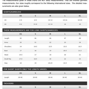 May include: Size chart for shirts and trousers in US and UK sizes. Measurements are given in inches for length, arms, shoulders, bust, waist, small hip, hips, and cuffs.  The chart includes sizes XS, S, M, L, and XL.