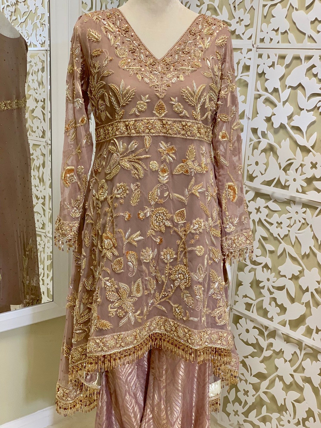 Dusky Lavendar French Net Hi-lo,zardozi Embroidery Formal Dress With ...