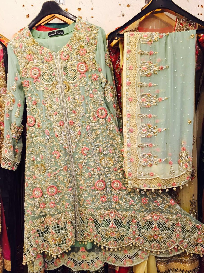 Pakistani Bridal Dress Pastel Green and Pink Heavy Wedding | Etsy
