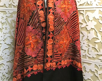 Women Black Kashmiri Handcraft Embroidery Pashmina, Cashmere Scarf Black, Black Embroidery Shawl 30" x 80"