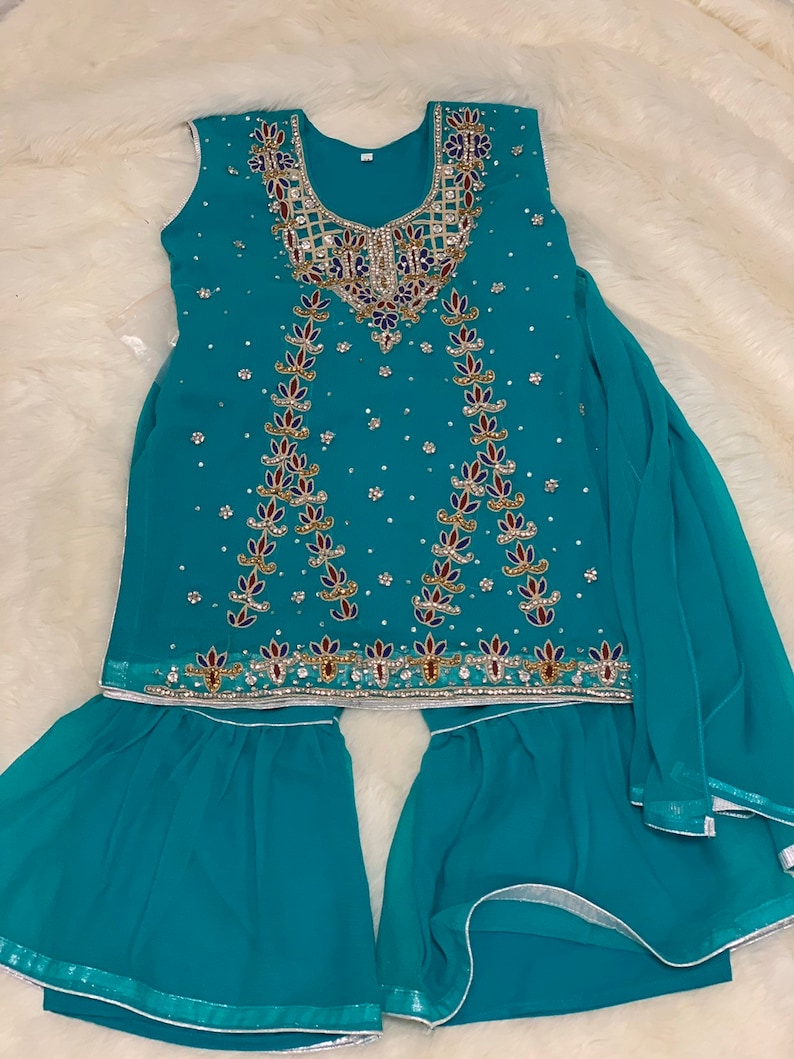 Girls 3-pc Size 4 Seagreen Chiffon Embroidery Shirt and Gharara Set