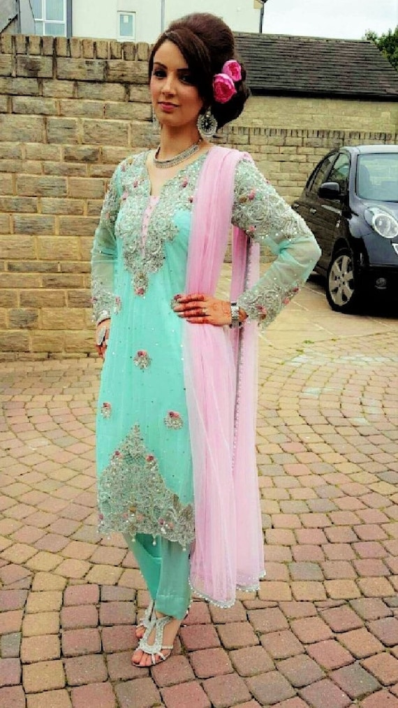 Pakistani Shalwar Kameez- Mint & Baby Pink Formal Shalwar Kameez- Indian, Pakistani, Bengali Clothes