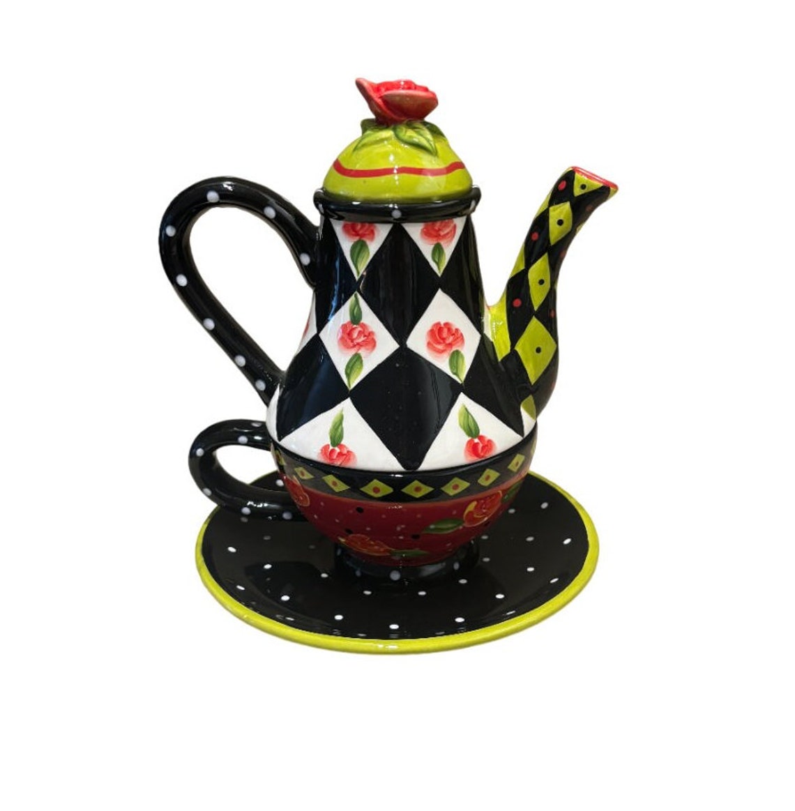Tea Party Ceramic Tea for One Teapot Cup and Saucer by Joyce Shelton