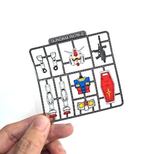 Pode incluir: Um adesivo transparente com um design de grade de kit de modelo Gundam RX78-2. O gráfico exibe várias peças de robô, incluindo cabeça, torso, escudo, rifle e membros em branco, vermelho, azul e amarelo, conectados por linhas de moldura pretas.