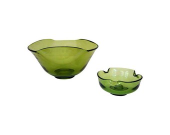 Anchor Hocking Green Glass Bowl & Pinched Candle Holder - A Pair