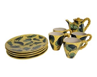 1990s Vintage Handthrown Ceramic Leaf Motif Tea Set - 9 Pieces