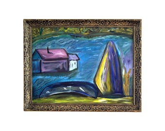 1980s Colette Calilhanna "Purple Village" Expressionist Acrylic Framed Painting