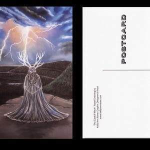 May include: A pastel drawing of a woman with antlers standing on a cliff with a lightning bolt in the sky above her. The woman is wearing a long, flowing robe and has a serene expression on her face.
