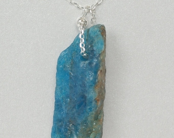 Raw Blue Apatite Necklace Sterling Silver Chain and Pendant, Throat Chakra Necklace