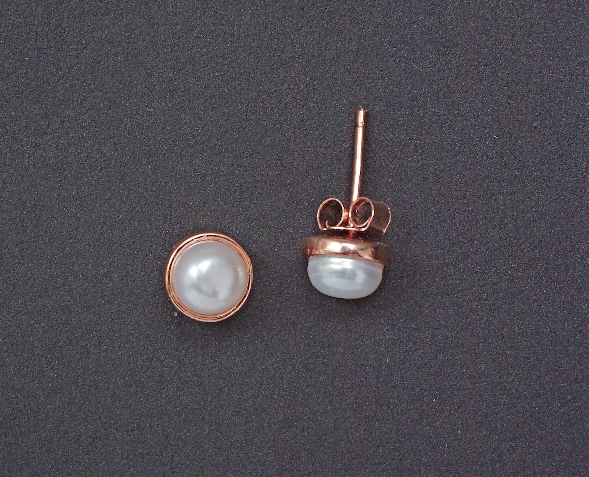 Pearl Rose Gold Earrings Studs 6mm Pearl Studs Bezel Setting | Etsy
