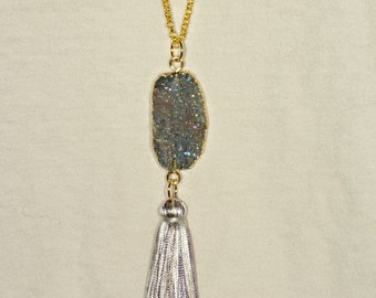 Long Necklace, Galaxy Druzy agate with Silver Gray Silk Tassel with Natural Druzy on Gold Plated 31 Inches Brass Chain
