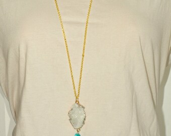 Long Boho Tassel Necklace, Turquoise Aqua Silk Tassle with White Druzy on Gold Plated 31 Inches Brass Chain