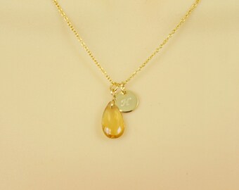 Genuine Citrine Necklace with Initial, 22k Gold Vermeil Citrine Jewelry, Natural Citrine Pendant, November Birthstone