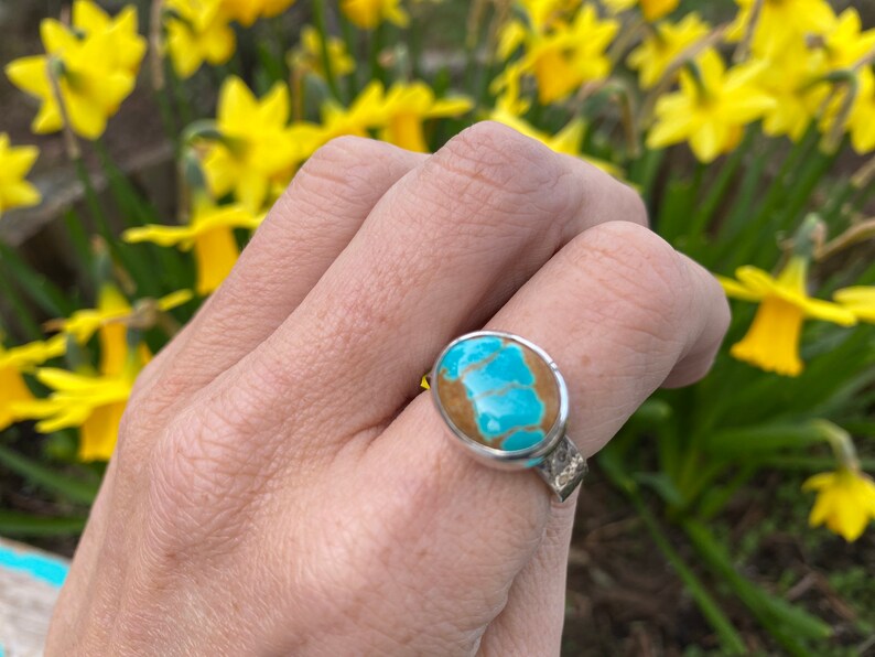 Number 8 Turquoise Ring with urchin textured band by Barnacle Love size 8