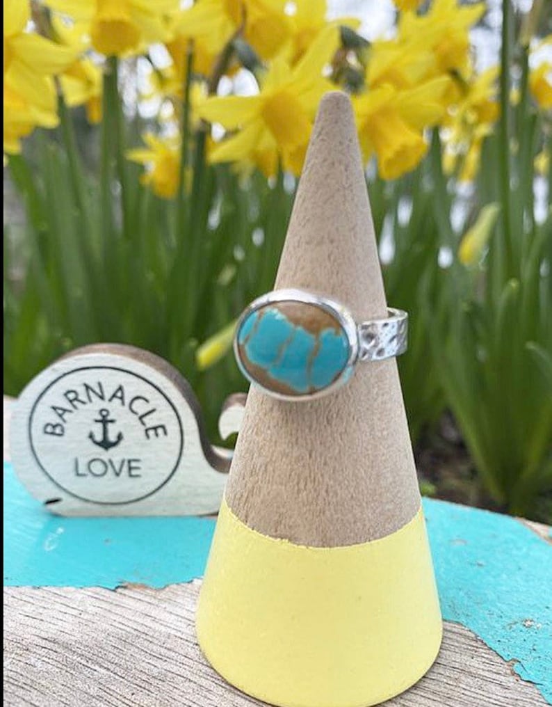 Number 8 Turquoise Ring with urchin textured band by Barnacle Love size 8