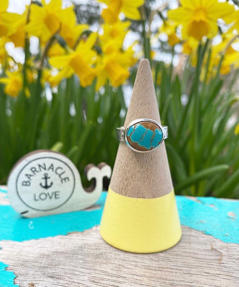 Number 8 Turquoise Ring with urchin textured band by Barnacle Love size 8