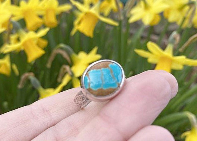 Number 8 Turquoise Ring with urchin textured band by Barnacle Love size 8