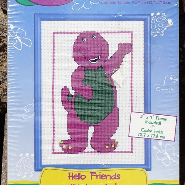 Barney, Hello Friends, Counted Cross Stitch Kit, Janlynn 16-70, Barney and Frame, Barney Kit, Janlynn Barney Kit, Size 5"x7", New Sealed Kit