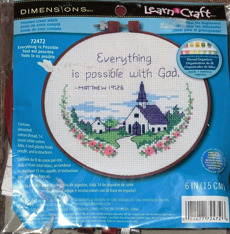 Size 6 Learn a Craft #72472 Everything is possible with God Counted Cross Stitch Kit New Sealed Kit Dimensions Kit