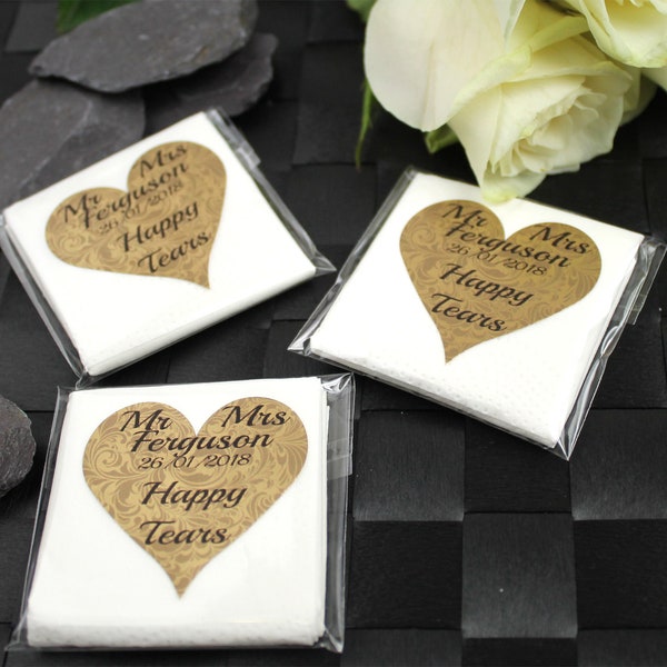 Wedding Pocket Hankie Tissues Packets Favours  Personalised Gold Heart