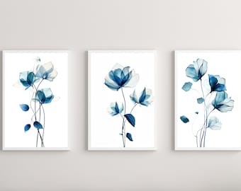 Boho Abstract Wall Art Prints, Boho Wall Decor, Set of 3 Prints, Mid Century Prints, Blue ,  Boho Wall Art