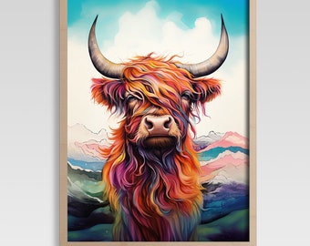 Colourful Highland Cow Animal Art Print, Highland Cow Animal Print, Cow Print, Cow Wall Art, Print Cow Art Cow Animal Gift Fun Cow Print
