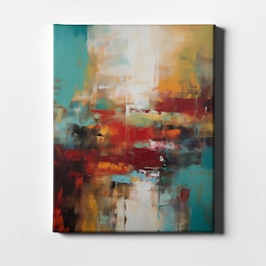 Può includere: Stampa su tela d'arte astratta con un vivace mix di colori. L'opera presenta audaci pennellate nelle tonalità di rosso, arancione, turchese e bianco, creando una composizione dinamica e strutturata. La tela è tesa e pronta per essere appesa.