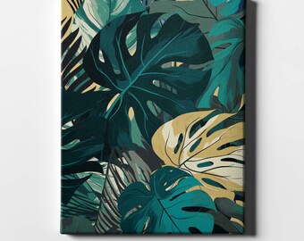 Monstera Leaf Print: Deep Green & Ochre Botanical Wall Art