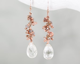 Unique Design Rose Gold Rutilated Clear Quartz Labradorite Karen Hill Tribe Vermeil Nugget Handmade Earrings April Birthstone Gift Idea