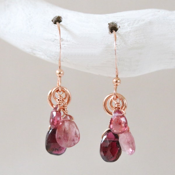 Pink Tourmaline, Red Spinel, Garnet Earrings Rose Gold Links Teardrop Gemstone October Birthstone Gift Idea Breast Cancer Awareness Month