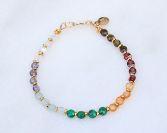 Stunning Chakra Gemstone Karen Hill Tribe Gold Vermeil and Gold Fill Faceted Mini Coin Bracelet Gift Idea for Girls