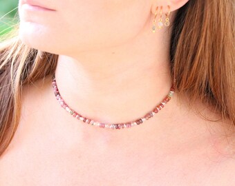 Pink Tourmaline Heishi Style Silver Necklace Surfer Inspired Choker Fine Jewellery Ladies Christmas Gift Stocking Stuffer