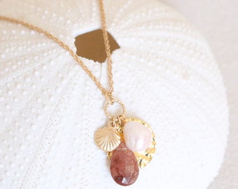 Hand cut Faceted Rutilated Quartz and Pearl Gold Charm Ladies Necklace June Birthstone Bridesmaid Summer Gift Idea for Girls