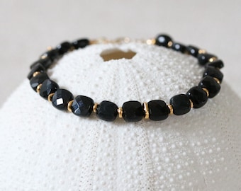 Stylish Black Agate Karen Hill Tribe Gold Fill Square Faceted Cushion Bracelet Gift Idea for Girls