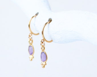 Dainty Mini Faceted Amethyst Bezel Set Gold Vermeil Huggie Hoop Earrings Unique Gift Idea for Ladies