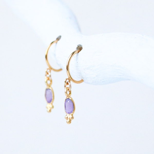 Dainty Mini Faceted Amethyst Bezel Set Gold Vermeil Huggie Hoop Earrings Unique Gift Idea for Ladies