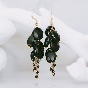 Unique Handmade Gold Filled, Black Onyx & Agate Cluster Statement Earrings for Ladies image 1