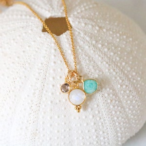 Hand cut Faceted Moonstone, Smoky Quartz and Amazonite Gold Charm Ladies Necklace June Birthstone Christmas Stocking Gift Idea for Girls image 3
